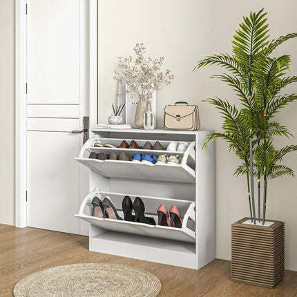 2-Drawer Narrow Entryway Shoe Cabinet with Flip Drawers, Louvered Doors & Adjustable Shelves for 16 Pairs - White
