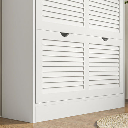 2-Drawer Narrow Entryway Shoe Cabinet with Flip Drawers, Louvered Doors & Adjustable Shelves for 16 Pairs - White