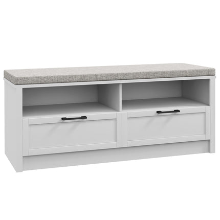 Shoe Storage Bench with Removable Cushion, Padded Seat, Open Compartments & Drawers for Entryway - White & Grey