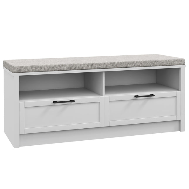 Shoe Storage Bench with Removable Cushion, Padded Seat, Open Compartments & Drawers for Entryway - White & Grey
