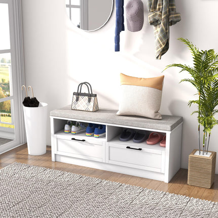 Shoe Storage Bench with Removable Cushion, Padded Seat, Open Compartments & Drawers for Entryway - White & Grey