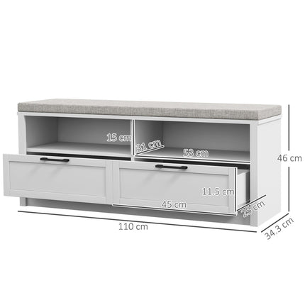 Shoe Storage Bench with Removable Cushion, Padded Seat, Open Compartments & Drawers for Entryway - White & Grey