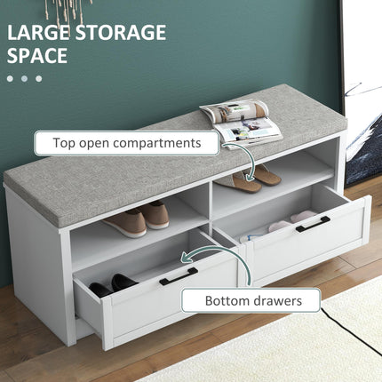 Shoe Storage Bench with Removable Cushion, Padded Seat, Open Compartments & Drawers for Entryway - White & Grey