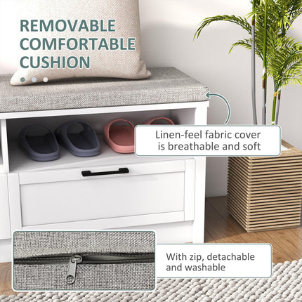 Shoe Storage Bench with Removable Cushion, Padded Seat, Open Compartments & Drawers for Entryway - White & Grey