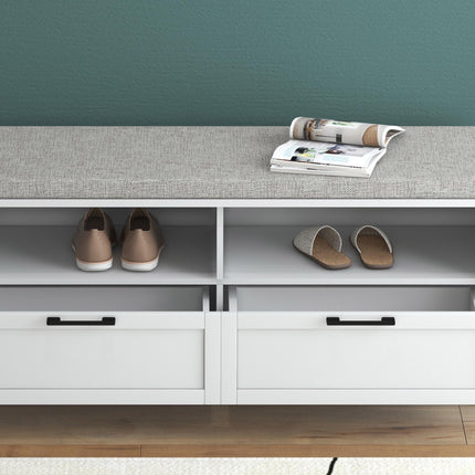 Shoe Storage Bench with Removable Cushion, Padded Seat, Open Compartments & Drawers for Entryway - White & Grey