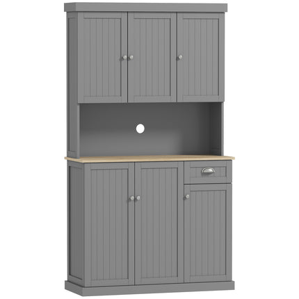 180cm Freestanding Kitchen Cabinet, Modern Storage Cupboard with Open Countertop, Drawer and 6 Doors, Grey