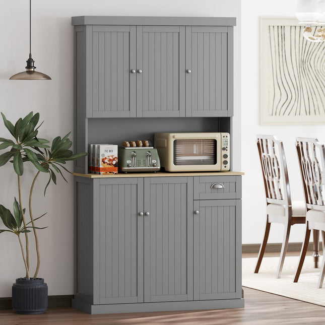 180cm Freestanding Kitchen Cabinet, Modern Storage Cupboard with Open Countertop, Drawer and 6 Doors, Grey