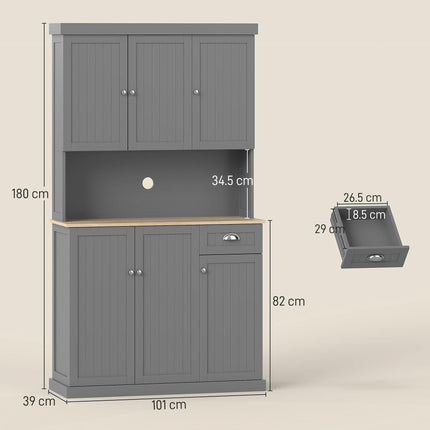 180cm Freestanding Kitchen Cabinet, Modern Storage Cupboard with Open Countertop, Drawer and 6 Doors, Grey