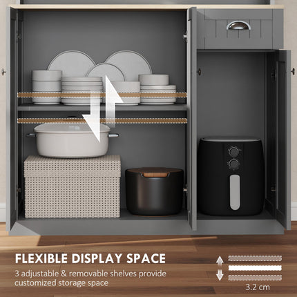 180cm Freestanding Kitchen Cabinet, Modern Storage Cupboard with Open Countertop, Drawer and 6 Doors, Grey