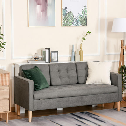 Modern 3-Seater Button-Tufted Fabric Sofa with Hidden Storage Rubberwood Legs - Grey