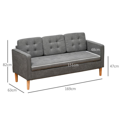 Modern 3-Seater Button-Tufted Fabric Sofa with Hidden Storage Rubberwood Legs - Grey