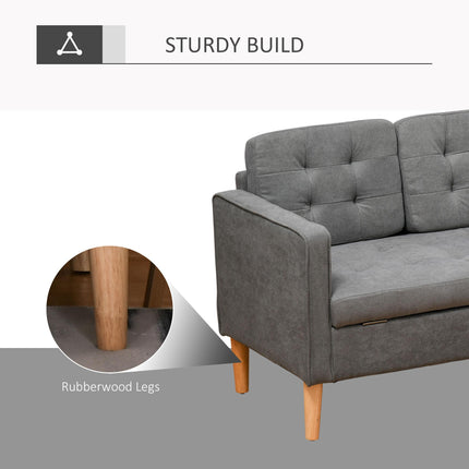 Modern 3-Seater Button-Tufted Fabric Sofa with Hidden Storage Rubberwood Legs - Grey