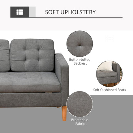 Modern 3-Seater Button-Tufted Fabric Sofa with Hidden Storage Rubberwood Legs - Grey