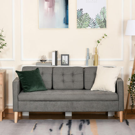 Modern 3-Seater Button-Tufted Fabric Sofa with Hidden Storage Rubberwood Legs - Grey