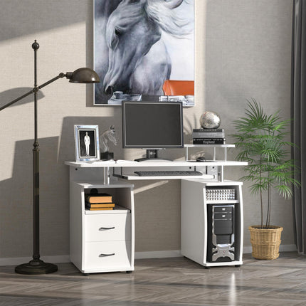 Computer Desk Workstation with Keyboard Tray, CPU Shelf, Drawers & Sliding Scanner Shelf - White