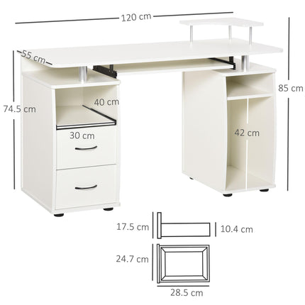 Computer Desk Workstation with Keyboard Tray, CPU Shelf, Drawers & Sliding Scanner Shelf - White