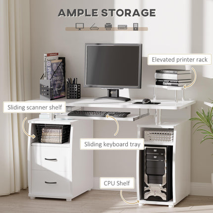 Computer Desk Workstation with Keyboard Tray, CPU Shelf, Drawers & Sliding Scanner Shelf - White