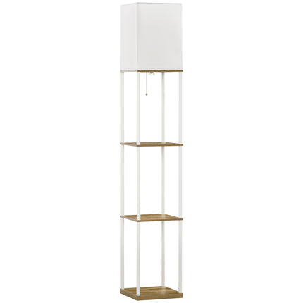 Modern Floor Lamp with 3-Layer Shelves and Fabric Lampshade, Pull Chain Switch - White Brown