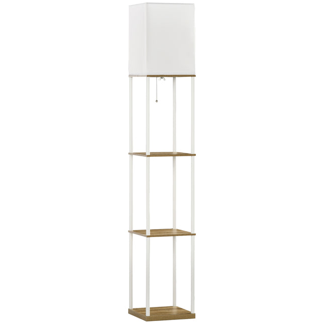 Modern Floor Lamp with 3-Layer Shelves and Fabric Lampshade, Pull Chain Switch - White Brown