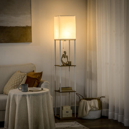 Modern Floor Lamp with 3-Layer Shelves and Fabric Lampshade, Pull Chain Switch - White Brown
