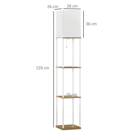 Modern Floor Lamp with 3-Layer Shelves and Fabric Lampshade, Pull Chain Switch - White Brown
