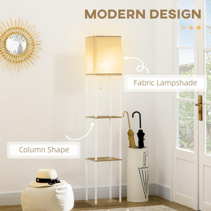 Modern Floor Lamp with 3-Layer Shelves and Fabric Lampshade, Pull Chain Switch - White Brown