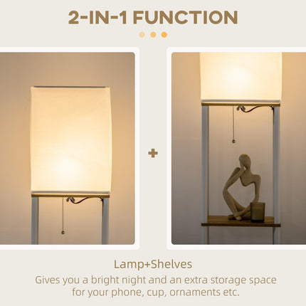 Modern Floor Lamp with 3-Layer Shelves and Fabric Lampshade, Pull Chain Switch - White Brown