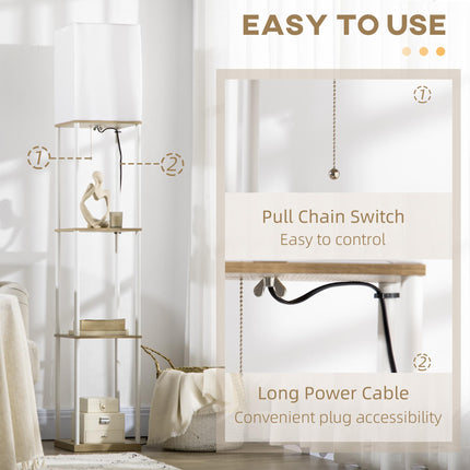 Modern Floor Lamp with 3-Layer Shelves and Fabric Lampshade, Pull Chain Switch - White Brown