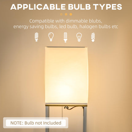 Modern Floor Lamp with 3-Layer Shelves and Fabric Lampshade, Pull Chain Switch - White Brown