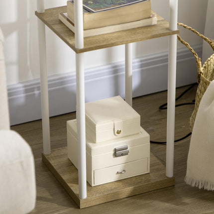 Modern Floor Lamp with 3-Layer Shelves and Fabric Lampshade, Pull Chain Switch - White Brown