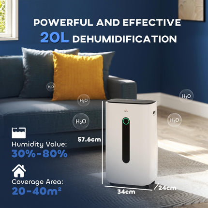 6500mL Portable Dehumidifier with Air Purifier and 24H Timer for 20-40m² - White
