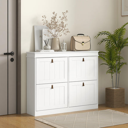 Slim Shoe Cabinet, Shoe Cabinet with 4 Drop-Down Drawers, 105W x 24D x 82.5H cm, White