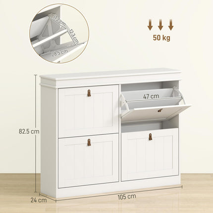 Slim Shoe Cabinet, Shoe Cabinet with 4 Drop-Down Drawers, 105W x 24D x 82.5H cm, White
