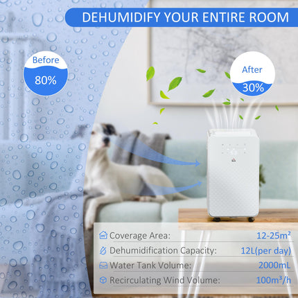 2000mL Portable Dehumidifier with Air Purifier and Timer for 12-25m² - White