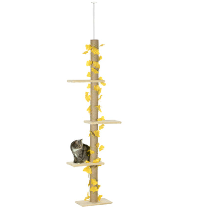 Adjustable 202-242cm Floor to Ceiling Cat Tree with Sisal Scratching Posts, 3-Tier Cat Tower - Beige and Yellow