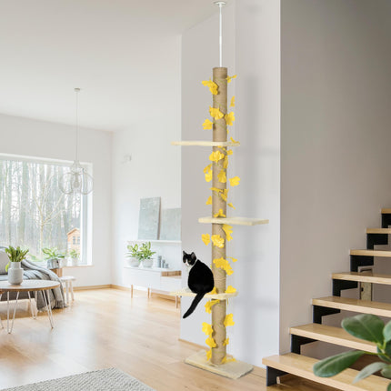 Adjustable 202-242cm Floor to Ceiling Cat Tree with Sisal Scratching Posts, 3-Tier Cat Tower - Beige and Yellow