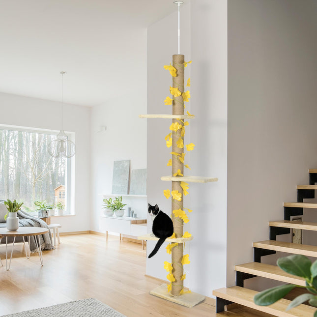 Adjustable 202-242cm Floor to Ceiling Cat Tree with Sisal Scratching Posts, 3-Tier Cat Tower - Beige and Yellow