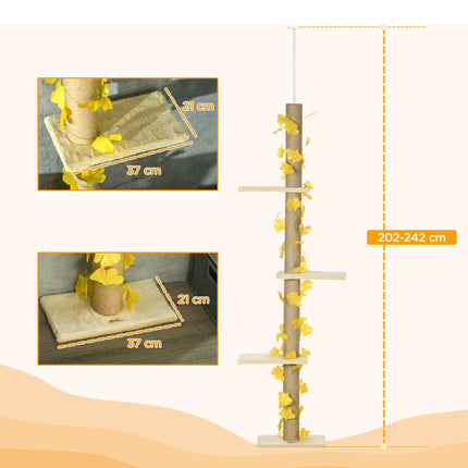 Adjustable 202-242cm Floor to Ceiling Cat Tree with Sisal Scratching Posts, 3-Tier Cat Tower - Beige and Yellow