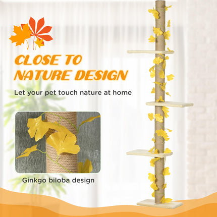 Adjustable 202-242cm Floor to Ceiling Cat Tree with Sisal Scratching Posts, 3-Tier Cat Tower - Beige and Yellow