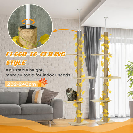 Adjustable 202-242cm Floor to Ceiling Cat Tree with Sisal Scratching Posts, 3-Tier Cat Tower - Beige and Yellow