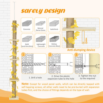 Adjustable 202-242cm Floor to Ceiling Cat Tree with Sisal Scratching Posts, 3-Tier Cat Tower - Beige and Yellow