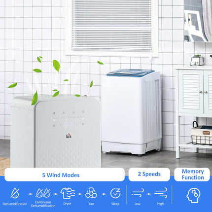 2000mL Portable Dehumidifier with Air Purifier, 24H Timer, 10L/Day Capacity - White