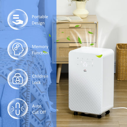 2000mL Portable Dehumidifier with Air Purifier, 24H Timer, 10L/Day Capacity - White