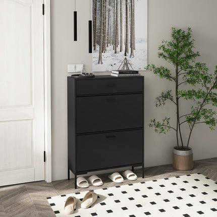 Slim Three Drawer Shoe Storage Cabinet for 12 Pairs - Black