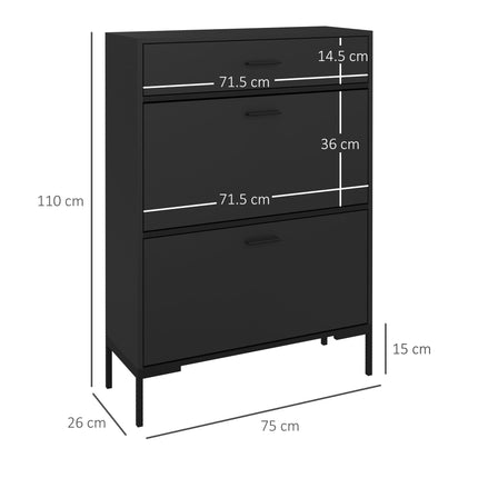 Slim Three Drawer Shoe Storage Cabinet for 12 Pairs - Black