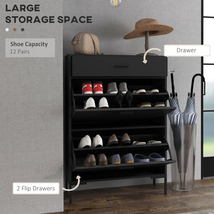 Slim Three Drawer Shoe Storage Cabinet for 12 Pairs - Black