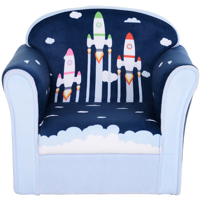 Children's Solid Wood Armchair with Rocket Design - Blue