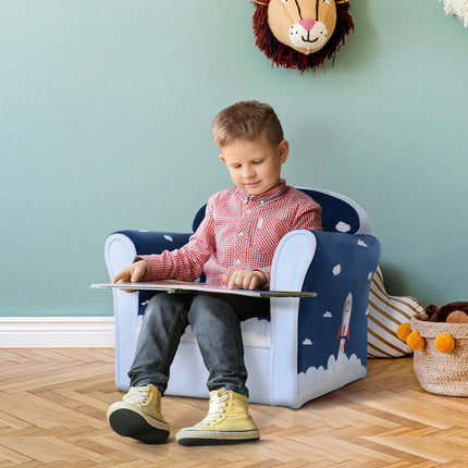 Children's Solid Wood Armchair with Rocket Design - Blue