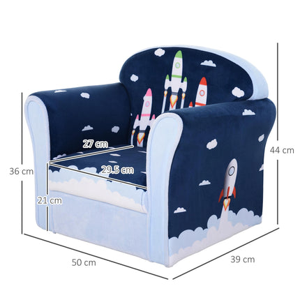 Children's Solid Wood Armchair with Rocket Design - Blue