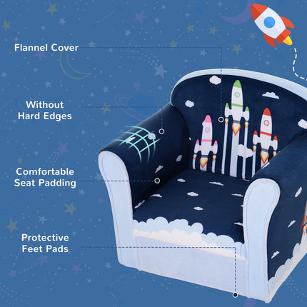 Children's Solid Wood Armchair with Rocket Design - Blue